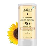 Babo Botanicals Daily Sheer Mineral Tinted Sunscreen Stick SPF50 - Natural Zinc Oxide - For Face - For all ages - EWG Verified - Water Resistant - Fragrance-Free - Various Sizes