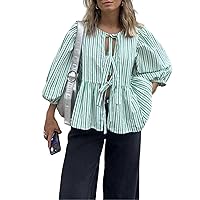 Womens Tie Front Tops Puff Sleeve Cute Y2k Babydoll Shirt Peplum Blouse