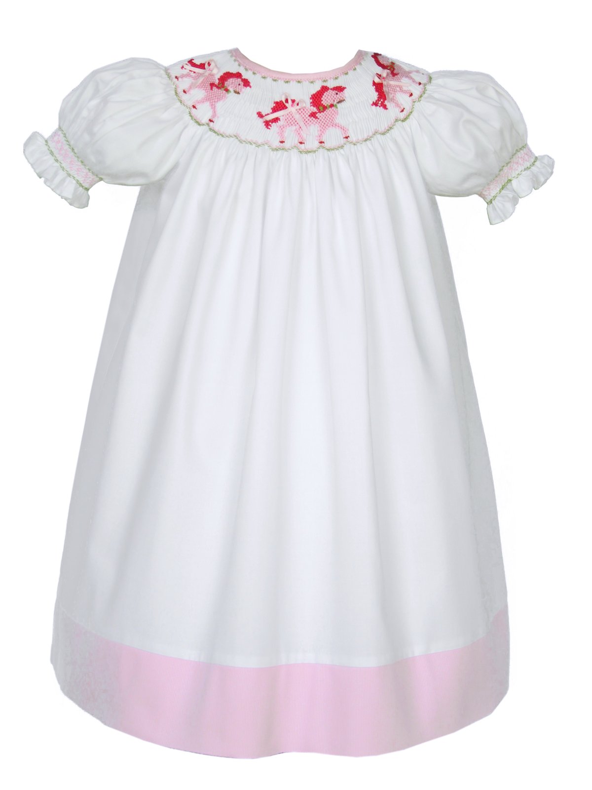 Carouselwear White Hand Smocked Pink Horses Girls Bishop Dress