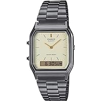 Casio Ana-Digi Analog Digi Quartz Wristwatch, Vintage Series, AQ-230 Series, Unisex, Dual Time, Overseas Model, Metallic Gray x Light Gold AQ-230GG-9A, Bracelet Type