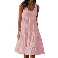 Clearance Deals Summer 2024 Trendy Sleeveless Tank Dress Ruffle Tiered Dress Casual Cute Solid T-Shirt Dresses Swimsuits Cover Ups Vestido Mujer Pink