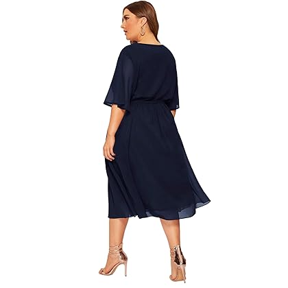 Romwe Women's Plus Size Chiffon Elegant Flared Short Sleeve Belted Cocktail Party Swing Midi Dress