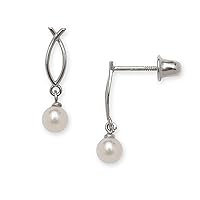14k White Gold White 4x4mm Freshwater Cultured Pearl Fancy Drop Screw back Earrings Measures 15x4mm Jewelry Gifts for Women