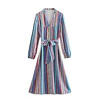 Women Vintage Colorful Striped Print Single Breasted Midi Shirt Dress Female Chic V Neck Belt A Line Vestidos
