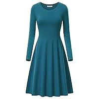 Andongnywell Women's Solid Color Round Neck Long Sleeve Loose Dress Pleated Loose Swing Casual Midi Dresses