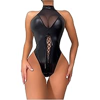 Women Sexy Halter Lingerie PU Leather Mesh Patchwork One Piece Babydoll Lace-Up Waist Naughty Exotic Teddy Bodysuit