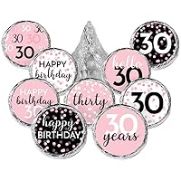 Pink, Black, and White Birthday Party Favor Stickers - Kisses Candy Labels - 180 Count - Milestone Birthday Party Supplies (30th Birthday)