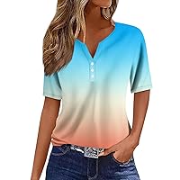 Women's Fashion Casual Vintage Gradient V-Neck Short Sleeve Decorative Henley Blouses 2024 Trendy T Shirts