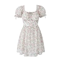 Women's Print Spliced Gown Dress Ruched Chest Puff Swing Short Robe Vestidos