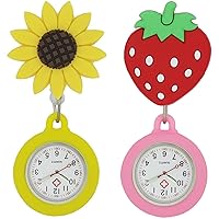 Fob Watch 2Pcs Removable Quartz Retractable Design Clip-On Accurate Fob Watches for Nurses Doctor Pocket Strawberry Sunflower Nurses Fob Watch Pocket Watch(Strawberry, Sunflower), Nurses Fob Watch