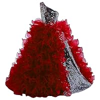 Girl's Sequins One Shoulder Pageant Dresses Detachable Ruffled Organza Princess Gown Flower Girl Dresses Deep Red