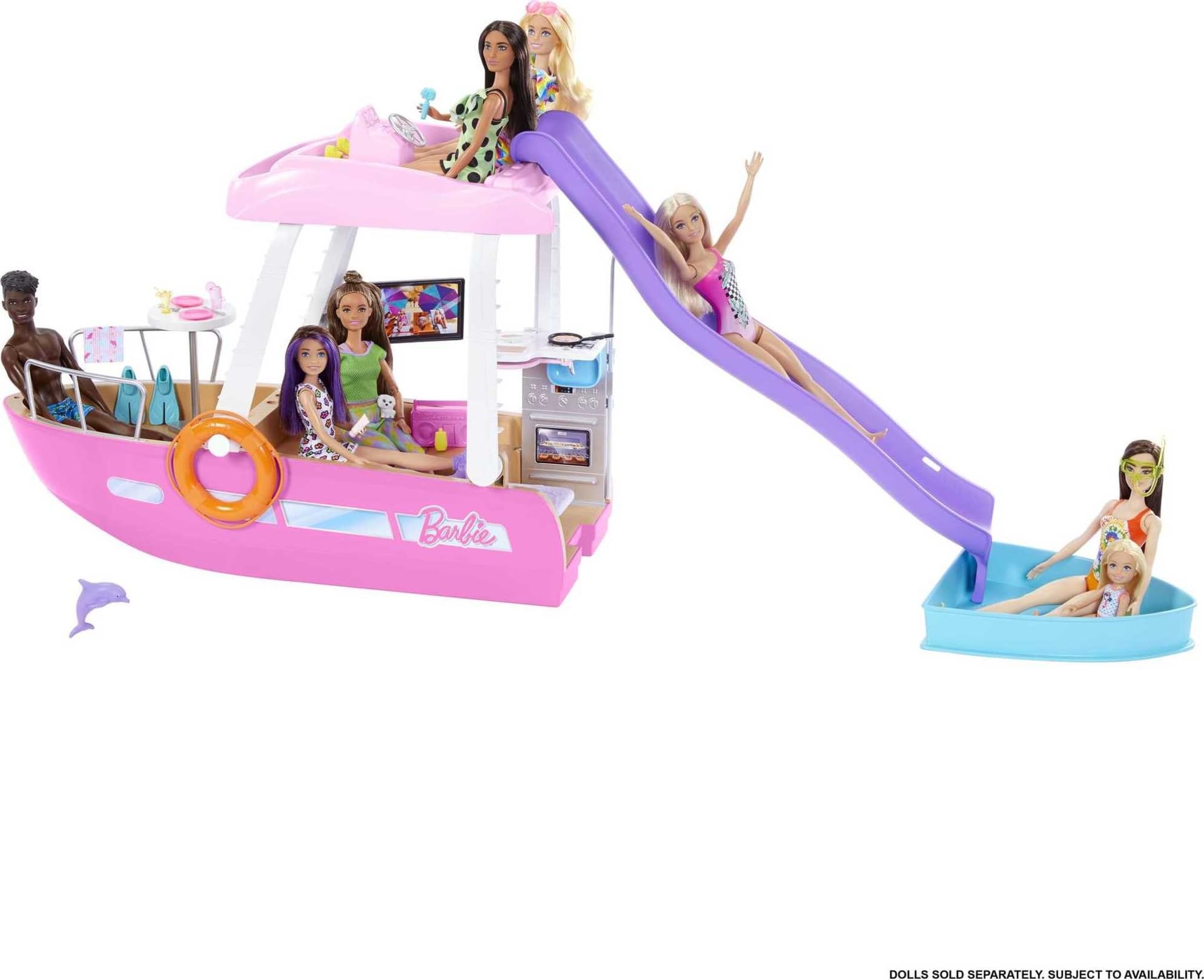 Barbie Toy Boat Playset, Dream Boat with 20+ Pieces Including Pool, Slide & Dolphin, Ocean-Themed Accessories