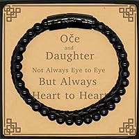 Stone Leather Bracelet Black, Oče Gifts from Daughter, Oče and Daughter Not Always Eye to Eye But Always Heart to Heart, Birthday Christmas Personalized Gifts with Messages Card