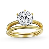 Personalize Traditional Etoile 3CTW Round Solitaire 6 Prong AAA CZ Engagement Anniversary Wedding Band Ring Set for Women Yellow 14KGold Plated.925 Sterling Silver Customizable