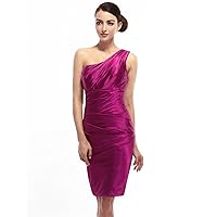 Hot Pink One Shoulder Knee Length Sheath Ruched Satin Cocktail Dress