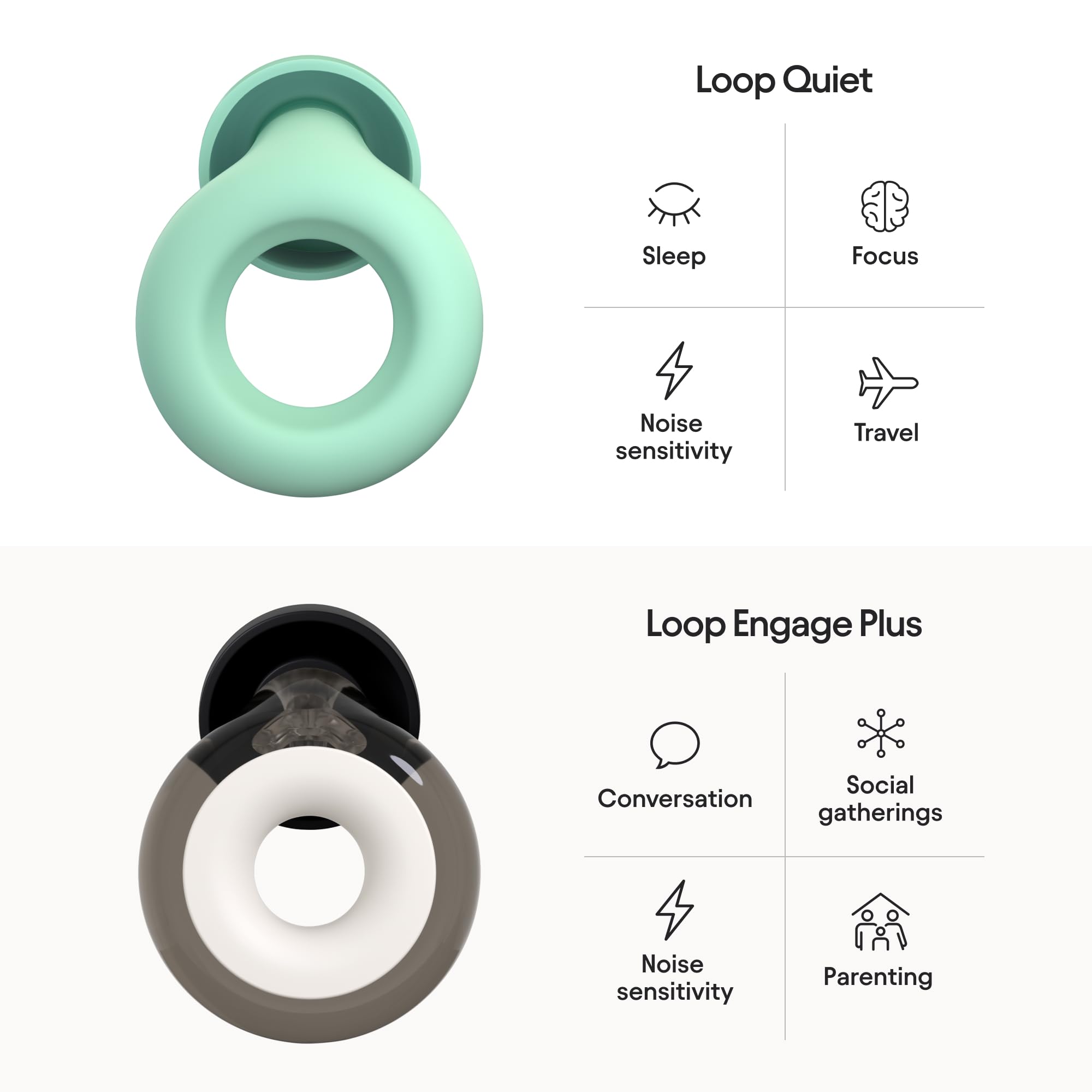 Loop Earplugs Everyday Plus Bundle (2-Pack) – Loop Quiet + Loop Engage Plus | Reusable Ear Plugs for Sleep, Focus, Noise Sensitivity, Socializing & More | 27 dB/16 dB Noise Reduction