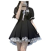 Lolita Gothic Dress Summer Japanese Sweet Lolita Cute Lace Puff Sleeve Black Puffy Dress Women (Color : Black, Size : Small)