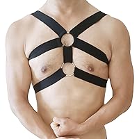 Men's Sexy Elastic Body Chest Harness Shoulder Strap Metal O-Ring Clubwear Exotic Halter Muscle Belt Costume (Black,One Size)
