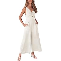 ANRABESS Women's Summer Wide Leg Linen Jumpsuits Dressy V Neck Sleeveless Casual Pants Rompers 2024 Vacation Beach Outfits