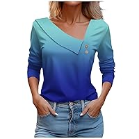 2024 Spring Fashion Womens Tops Tie Dye Gradient Plus Size Shirts Dreesy Long Sleeve Side V Neck Buttons Tshirts Comfy Blouse