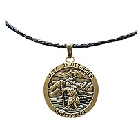 Vintage Bronze Plated Saint Christopher Charm Leather Necklace