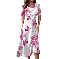 Summer Dresses for Women Gradient Print V-Neck Short Sleeve Waist Long Swing Dress