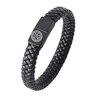 Stainless Steel Wrap Leather Viking Compass Bracelet with Clasp,Men Women Runic Nordic Vegvisir Symbol Bracelet Norse Amulet Jewelry,Black,18.5cm