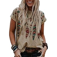 Western Tribal Ethnic Print Shirt for Women Crew Neck Loose Waist T Shirt Stylish Dream Catcher Feathers Tunic Tops