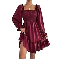 Women's Lantern Sleeve Elastic Waist Dress One Shoulder Collar Casual Loose Flowing Shift Dress