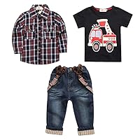 3pcs Jeans Set For Boys Plaid Shirt Overall Car T-shirt Kids Playwear Fire Engine Tops Pants Trousers Outfit