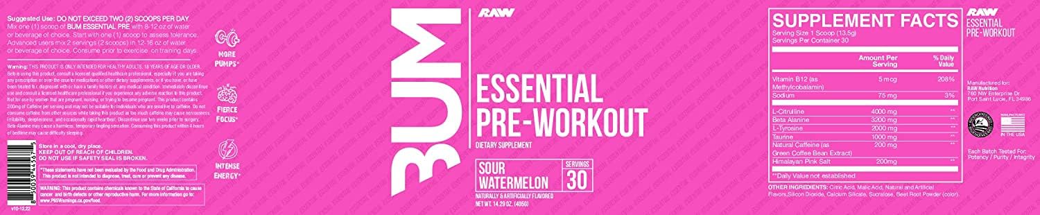 RAW Essential Pre-Workout Powder (Sour Watermelon) - Chris Bumstead Sports Nutrition Supplement for Men & Women - Preworkout Energy Powder with Caffeine, L-Citrulline, L-Tyrosine, & Beta Alanine Blend