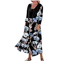3/4 Sleeve Dresses for Women Summer Casual Maxi Dresses Printed Beach Sundresses Boho Flowy Long Dress with Pockets