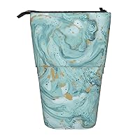 Azurite Teal And Foil Gold Oil Marble Pattern Print Expandable Storage Bag, Vertical Storage Bag, Expandable Cosmetic Bag