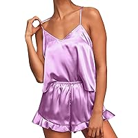 Womens Pajamas Sets Sexy Lingerie Satin Sleepwear Cami Shorts Set V Neck Lace Nightwear 2 Piece Silk Camisole Nightgown