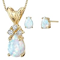 PEORA 14K Yellow Gold Created White Opal Pendant and matching Earrings - Pear Shaped Created White Opal Diamond Pendant 0.55 Carat + Pear Shaped Created White Opal Stud Earrings 1 Carat