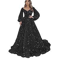 Spark V Neck Prom Party Dress A Line Evening Gown Long Sleeves