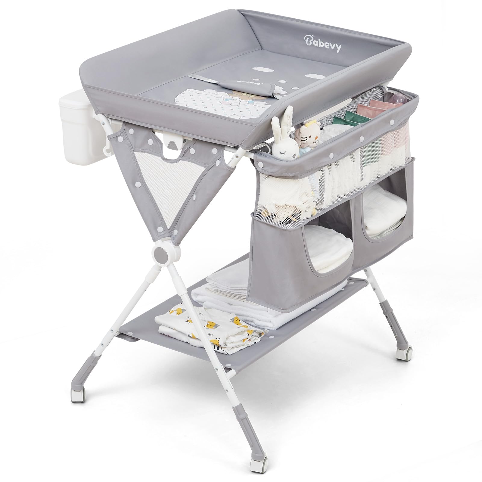 Babevy Portable Baby Changing Table, Foldable Diaper Change Table with Wheels, Adjustable Height, Cleaning Bucket, Changing Station for Infant Mobile Nursery Organizer for Newborn (Dark Grey)