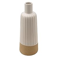 Textured Stripe White and Tan Ceramic Vase, Use to Display Faux or Dried Flowers, 5.12x5.12x14.57 Inch