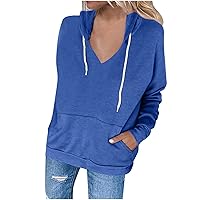 Women V Neck Hooded T-Shirt, Lightweight Drawstring Hoodies Sexy Casual Pullover Tops Workout Pocket Sweatshirt