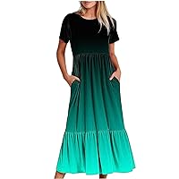 Womens Gradient Summer Dress 2024 Casual Short Sleeve Ruffle A-Line Dresses Flowy Swing Pleated Long Beach Dress