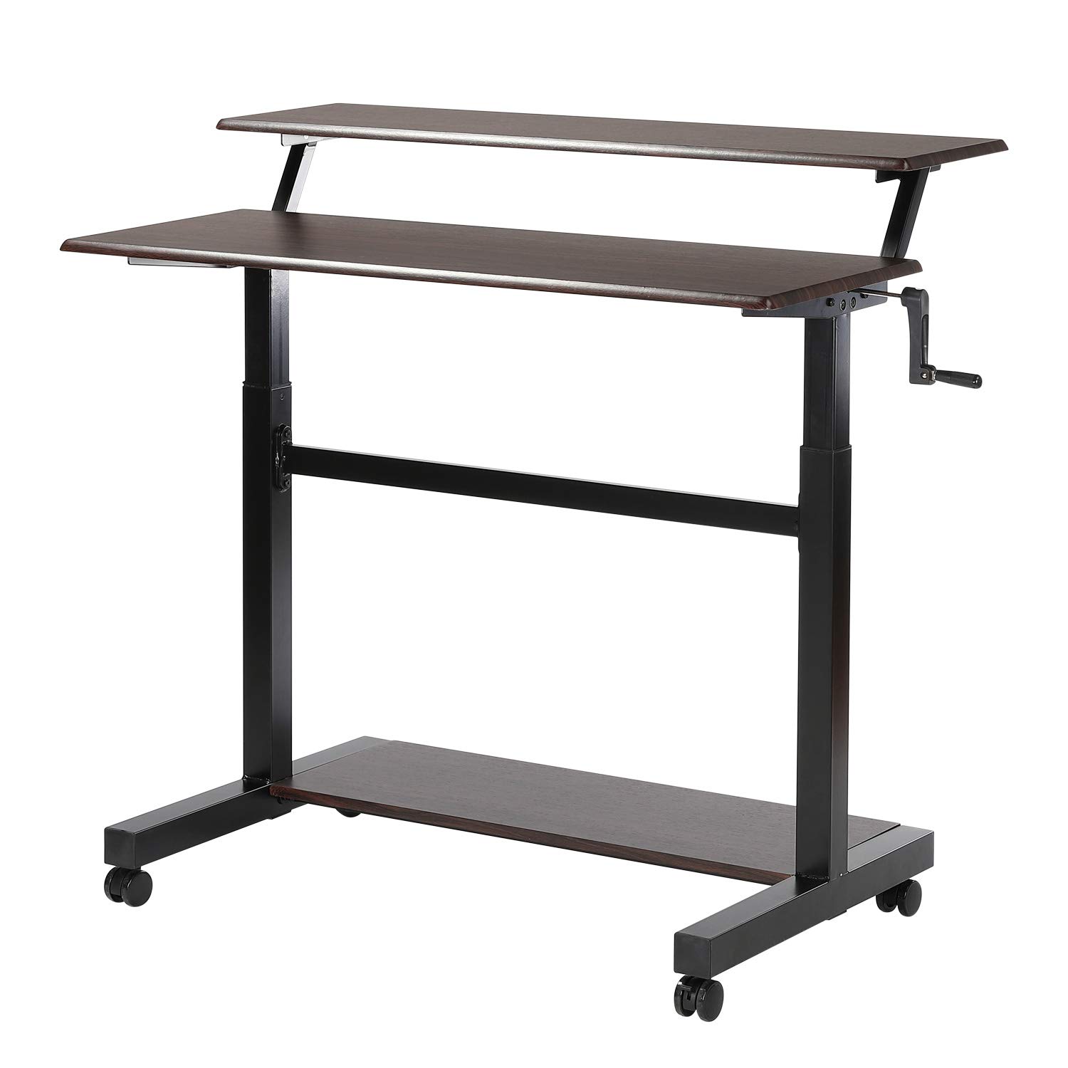 UNICOO – Crank Adjustable Height Standing Desk, 2 Tier Adjustable Sit to Stand up Desk, Mobile Standing Desk, Rolling Table – (White Frame/Light Oa...