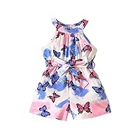 Cold Shoulder Romper for Girls Toddler Boys Sleeveless Butterfly Prints Romper Jumpsuit Suspenders (Pink, 4-5 Years)