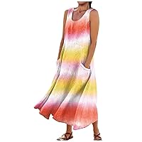 Womens Vacation Outfits Sundresses for Women 2024 Gradient Color Casual Fashion Y2k Loose Fit with Sleeveless U Neck Pockets Dress Multicolor Small