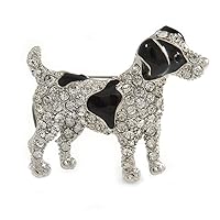 Clear Crystal with Black Enamel Spots Jack Russell Terrier Dog Brooch In Silver Tone Metal - 40mm Across