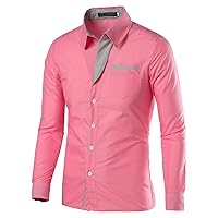 Men Fashion Contrast Striped Decorative Shirt Plaid Collar Button Shirt Casual Cotton Long Sleeve Dress Shirt