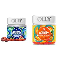 OLLY Pre-Game Energize Gummy Rings S7 Plant-Based Blend B Vitamins Berry Lime Flavor 25 Count & Hello Happy Gummy Worms Mood Balance Support Vitamin D Saffron Tropical Zing 60 Count