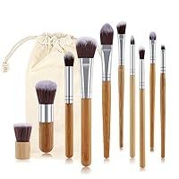 GMOIUJ 11pcs Natural Handle Makeup Brushes Set Foundation Blending Cosmetic Make Up Tool Set With Cotton Bag