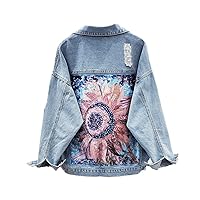 Spring Autumn Women Denim Jacket Boho Sequin Floral Appliques Embroidery Coat Long Sleeve Outerwear Veste