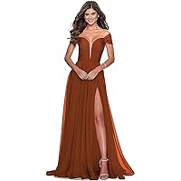 Off The Shoulder Bridesmaid Dress with Slit V Neck Formal Prom Dress Chiffon A Line Evening Gowns for Women