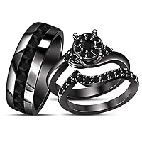 Created Round Cut Black Diamond 925 Sterling Silver 14K Black Gold Over Diamond Wedding Trio Ring Set for Him & Her